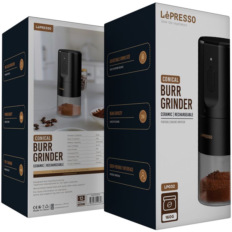 LePresso Conical Burr Grinder, 1200mAh Battery Capacity, 3 Hours Charging Time, Type-C Charging Port, Adjustable Grind Size, 160g Powder Container - Black