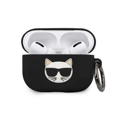 CG MOBILE Karl Lagerfeld Silicone Case ( Embossed Logo Choupette ) with Anti-Lost Ring Compatible for Airpods Pro, Scratch Resistant, Shock Absorption, Drop Protection, Dustproof Protective Silicone Cover Officially Licensed - Black