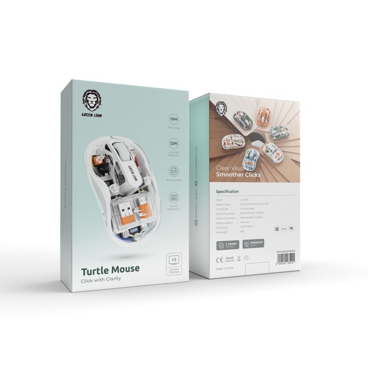 Green Lion Wireless Turtle Mouse, Connects to Up to 3 Devices Simultaneously, 3 Million Times Clicking Life, Up to 2400DPI Resolution, Rechargeable 400mAh Battery, 10m Distance Range - White
