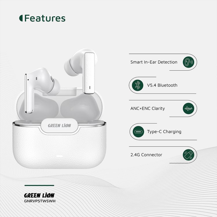 Green Lion River Plus True Wireless Earbuds with ANC + ENC Clarity, 2.4G Connector Included, Up to 7 Hours of Playtime, Smart in-Ear Detection, Bluetooth Version 5.4, -42dB Noise Reduction, 35 Hours Standby Time - White
