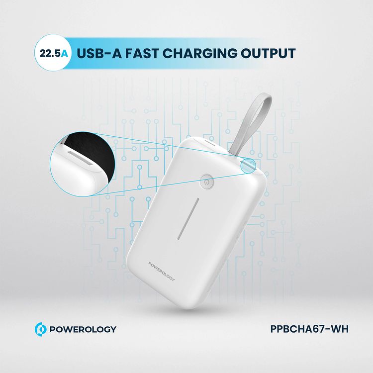 Powerology 20000mAh Power Bank with Detachable USB-C Wire, 30W Power Delivery, 3-Device Charging, Long Time Standby, Universal Phone Compatibility, Built-in Safeguards - White