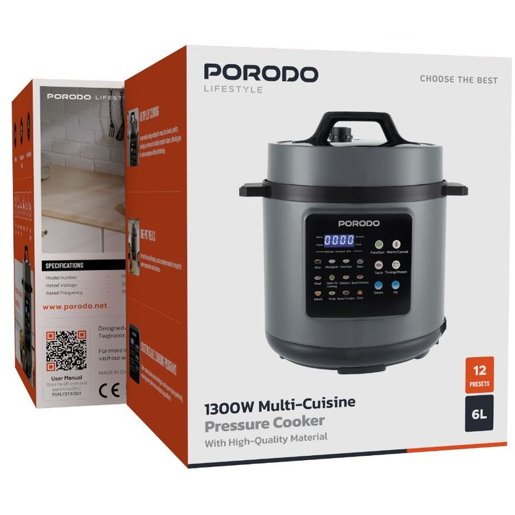 Porodo 1300W Multi-Cuisine Pressure Cooker with 6L Capacity & LED Display, One-Pot Meals, One-Touch Control, Auto Pilot Cooking, Customizable Cooking Programs - Gray