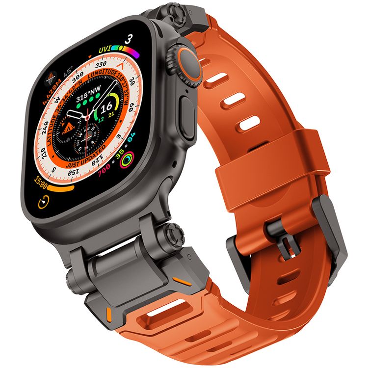 Levelo Kyoto Watch Strap, Apple Watch SE 9/8/7/6/5 (46/49mm), Fluoro Rubber & Stainless Steel Finish, Chemical Resistance, Hypoallergenic, 24/7 Wearability - Sunset Orange