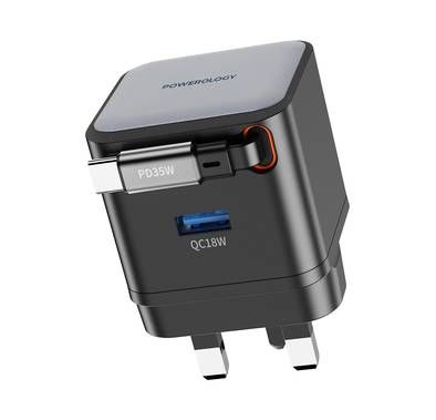 Powerology Dual Port Retractable GaN Charger, Built-in Sa...