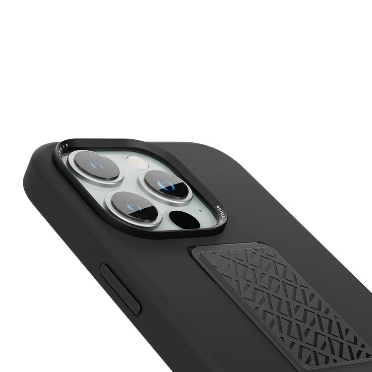 Levelo Morphix Silicone Case with Leather Grip for iPhone 15 Pro, Premium Leather Kickstand Grip, Multi-Positioning Modes, Shock-Proof Edges, 3H Anti Scratch, Built-In Grip, Magnetic Case - Black