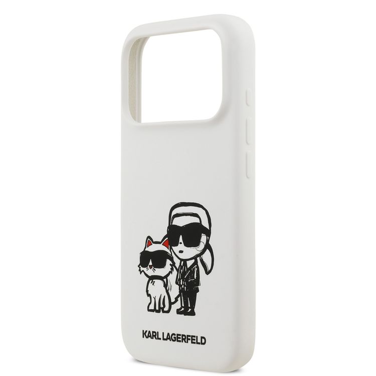 Karl Lagerfeld Liquid Silicone Case with Karl & Choupette Sketch for iPhone 17 Pro Max, Drop Protection, Slim Profile, Easy Snap-On, Sustainable Packaging, Comfortable Grip, Lightweight Design - White