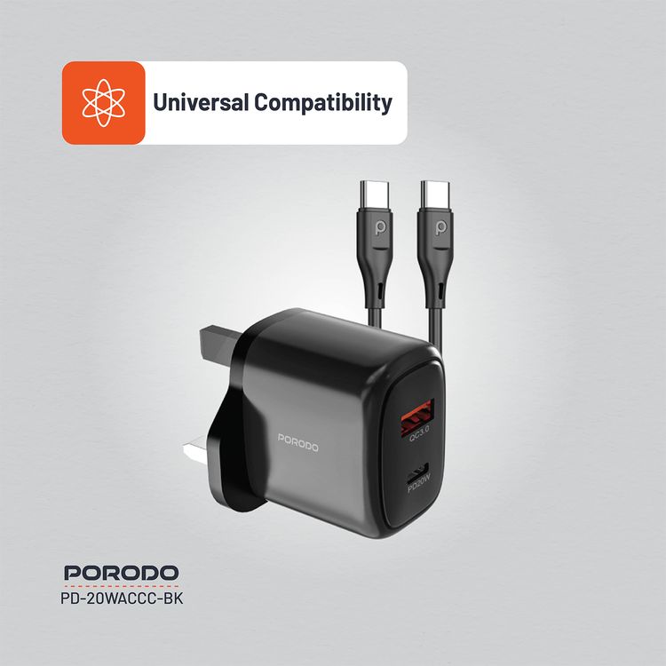 Porodo Dual Output Quick Charger with Type-C to Type-C Cable, 20W Power Delivery, QC 18W, UK 3-Pin Plug, Simultaneous Charging, Universal Compatibility - Black