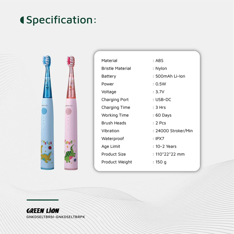 Green Lion Kids Electric Toothbrush with 3 Function Modes, 60 Days Working Time, Food-Grade Bristles, Waterproof, Shining Lights, 500mAh Battery Capacity - Pink 