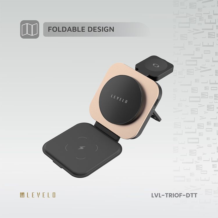 شاحن لاسلكي Levelo TrioFlow 3 في 1 بقوة مغناطيسية قوية، نظام تبديد الحرارة، تصميم مناسب للسفر، قابل للطي والحمل، مواد متينة - تيتانيوم الصحراوي