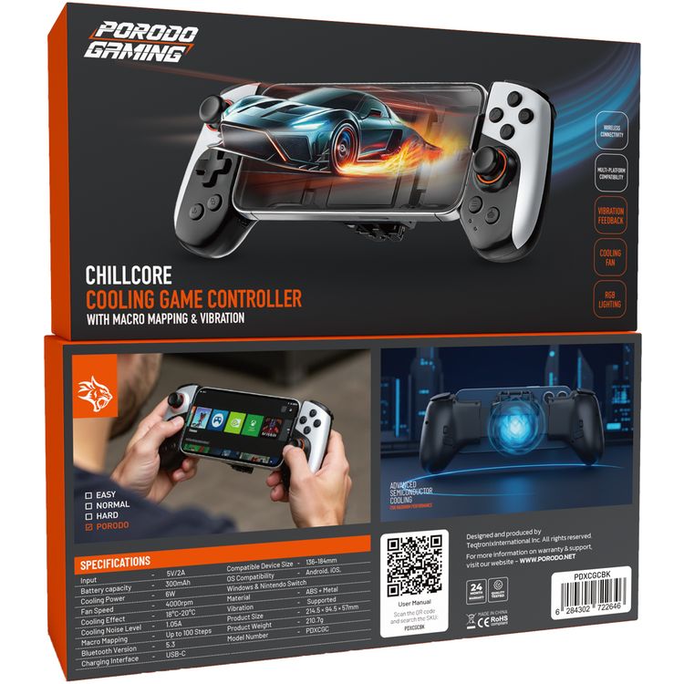 The Porodo Gaming Chillcore Coolling Game Controller with Active Cooling System, Customizable Macro Mapping, Multi-Platform, Universal Phone Compatibility, Wireless Connectivity, USB-C Charging Interface - Black
