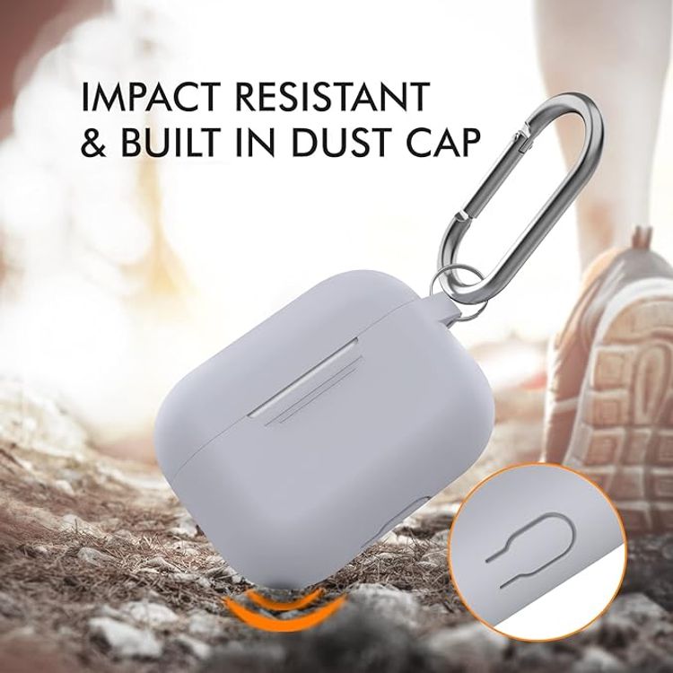 حافظة سيليكون فاخرة بتصميم ثلاثي الأبعاد من Ahastyle مع حلقة تثبيت متوافقة مع AirPods Pro - تصميم كلاسيكي مريح - غطاء مقاوم للغبار والصدمات يدعم الشحن اللاسلكي - رمادي أبيض