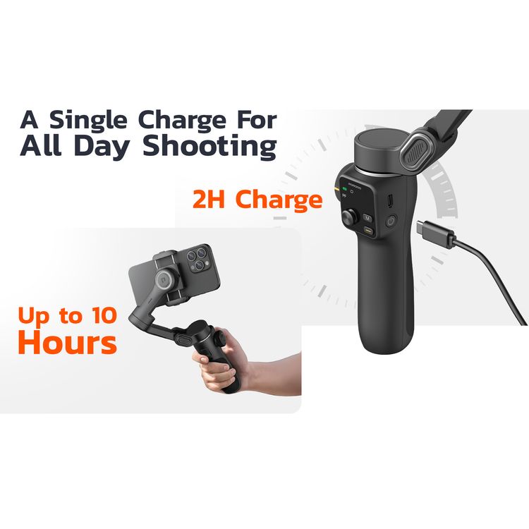 Porodo Velocam 3-Axis Gimbal Stabilizer with 6 Shooting Modes, Up to 10 Hours Working Time, USB-C Charging Port, 20cm Extension Rod, 2×800mAh Batteries, Foldable Design, Smart Face Tracking, Focus Control Wheel - Black