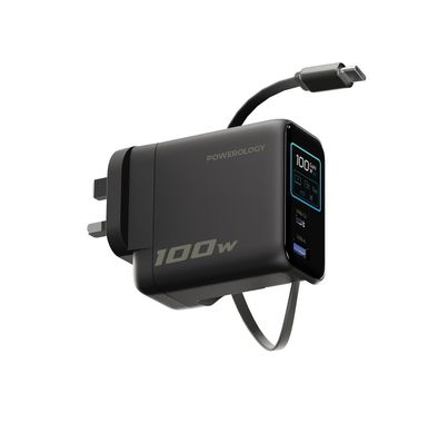 Powerology 100W TFT Adapter with Retractable Type-C Cable, GaN Technology, Ultra-Fast Charging, Multi-Device Charging, Built-in Safeguards, AI Temperature Protection, High Performance, Medium Load, Eco-Cool,  70cm Cable Length, 50/60 Hz Rated Frequency - Black