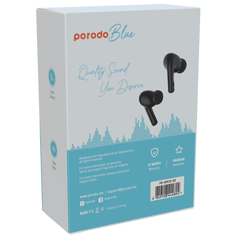 Porodo Blue AirPods Pro2 with Screen, Deep Bass, Touch Control, Camera Shutter, Music Playback, Call Management, 20 Hours Working Time, 1.47 inches Screen size - Black