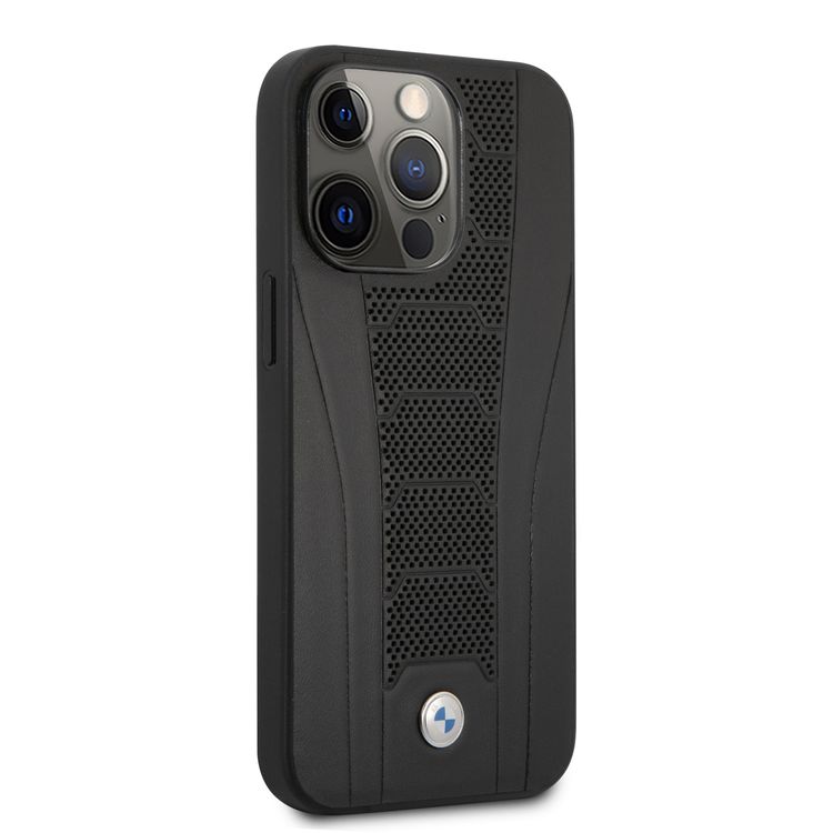 CG MOBILE BMW Real Leather Hard Case Seat Pattern Tone On Tone Perforations Debossed Lines Compatible for iPhone 13 Pro Max (6.7") Easy Access to All Ports, Anti-Scratch, Shock & Drop Absorption Back Cover Suitable with Wireless Charging Officially Licensed