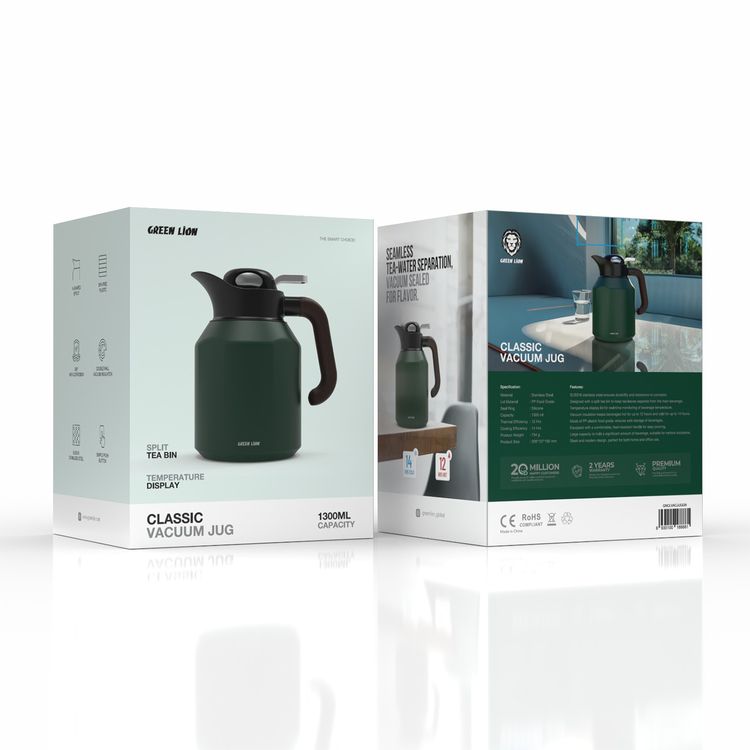 Green Lion Classic Vacuum Jug, V-Shaped Spout, 1300 mL Capacity, 12 Hours Thermal Efficiency, 14 Hours Cooling Efficiency, 360°-Anti-Corrosion, Simple Push Button - Green