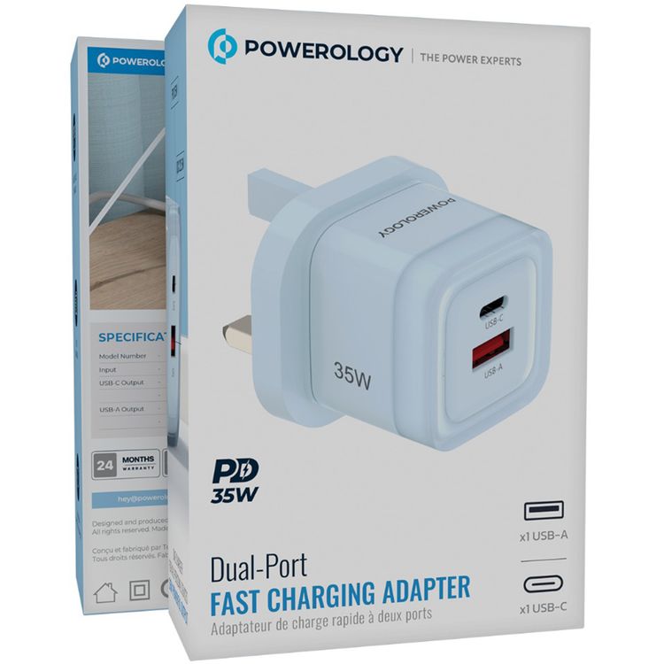 Powerology Lunex Dual-Port Fast Charging Adapter with USB-C & USB-A Ports, 35W Power Delivery, 22.5W USB-A Output, UK 3-Pin Plug, Universal Protocol Support, Multi-Device Charging - Blue
