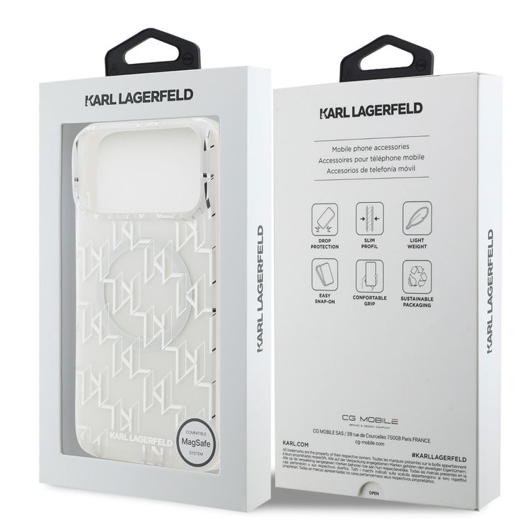 كفر كارل لاغرفيلد ماجسيف IML بتصميم مكرر لشعار كارل مطلي بالكهرباء لجهاز آيفون 17 برو ماكس، بروفايل نحيف، حماية من السقوط، سهل التركيب، تغليف مستدام، مسكة مريحة، تصميم خفيف الوزن - أبيض