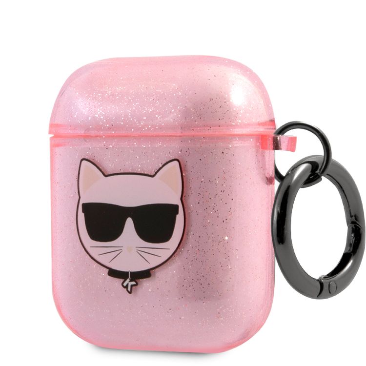 CG Mobile Karl Lagerfeld TPU Glitter Printed Embossed Choupette with Ring Case Compatible with AirPods 1 & 2, Scratch & Drop Protection Cover Officially Licensed - Pink