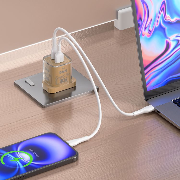 Porodo TEZCLARTÉ Quick Wall Charger with Dual Port Fast Charging, Flame Retardant Housing, Transparent Design, PD 30W USB-C Output, QC 20W USB-A Output - Khaki
