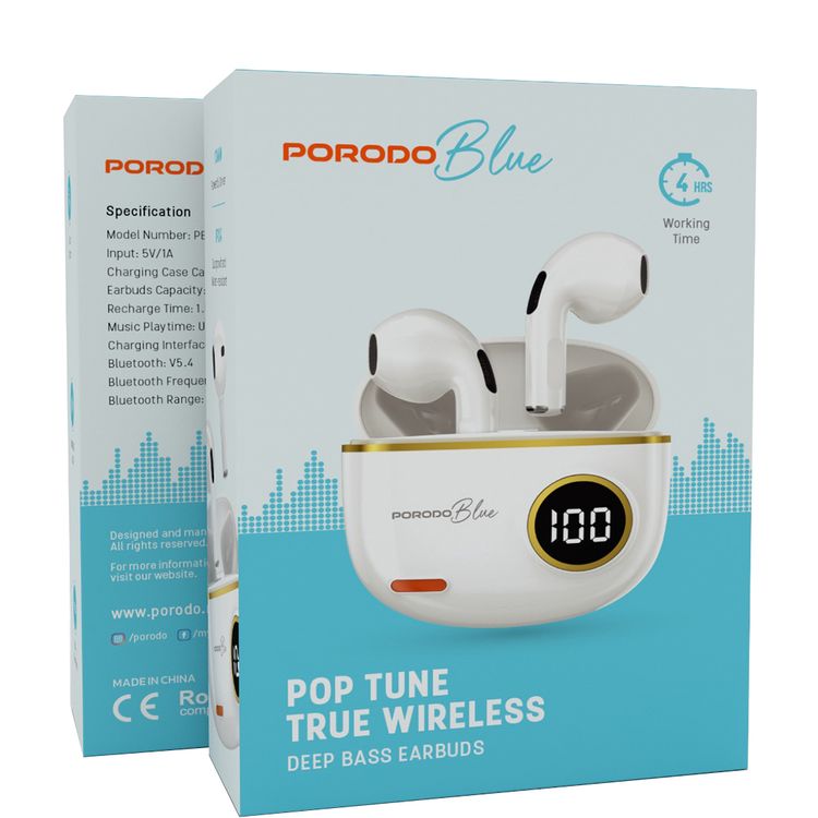 Porodo Blue Pop Tune True Wireless Deep Bass Earbuds with Digital Battery Display, Up to 4 Hours Music Playtime, IPX4 Water Resistance Level, Bluetooth Version 5.4, 10m Bluetooth Range, Type-C Charging Port, 180mAh Charging Case Capacity, Touch Control, Immersive Audio, Powerful Driver - White