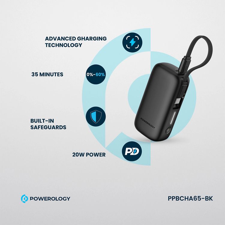 بنك طاقة Powerology بسعة 5000 مللي أمبير في الساعة مع سلك USB-C قابل للإزالة، وتقنية شحن متقدمة، وشحن لجهازين، وصغير الحجم وقابل للحمل، مع حماية مدمجة، وتوصيل طاقة بقوة 20 وات - أسود
