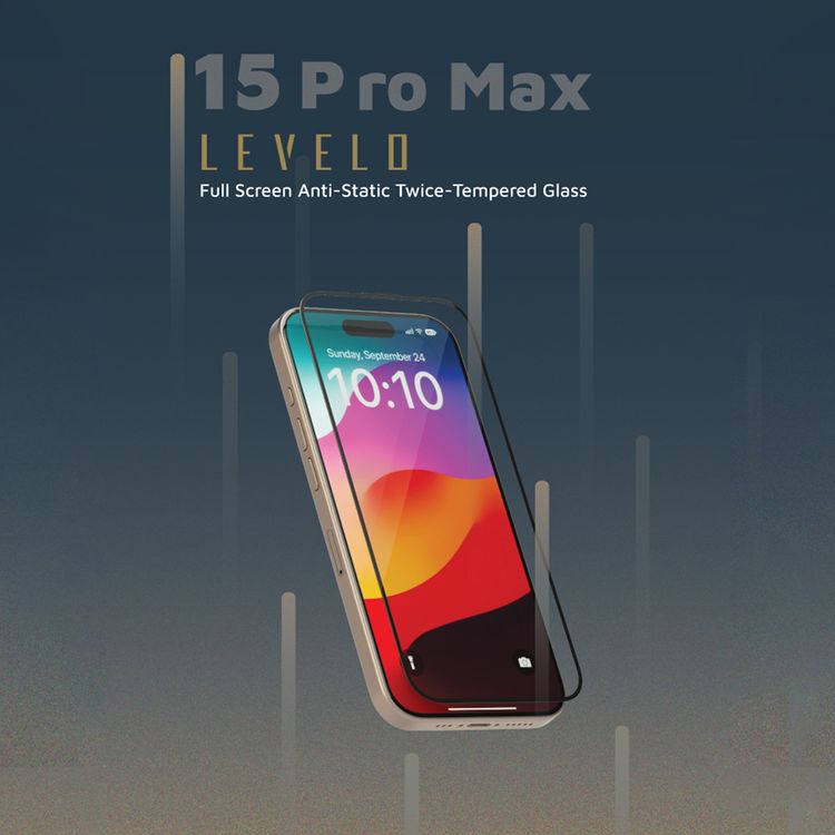 Levelo Twice-Tempered Clear Screen Protector for iPhone 15 Pro Max, Anti-Fingerprint, Full Protection Coverage, Anti-Scratch, Explosion-Proof Design, Anti-Static - Black
