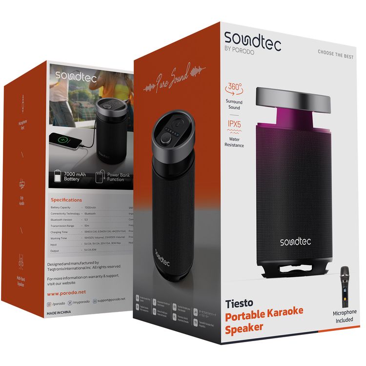 Porodo Tiesto Portable Karaoke Party Speaker with Bluetooth Version 5.3, 7000mAh Battery Capacity, 360° Surround Sound, IPX5 Water Resistance Level, 10m Transmission Range, Microphone Port, Power Bank Function, 10 Hours Charging Time, 10 Hours Play Time, RGB Lights, Grip Handle - Black