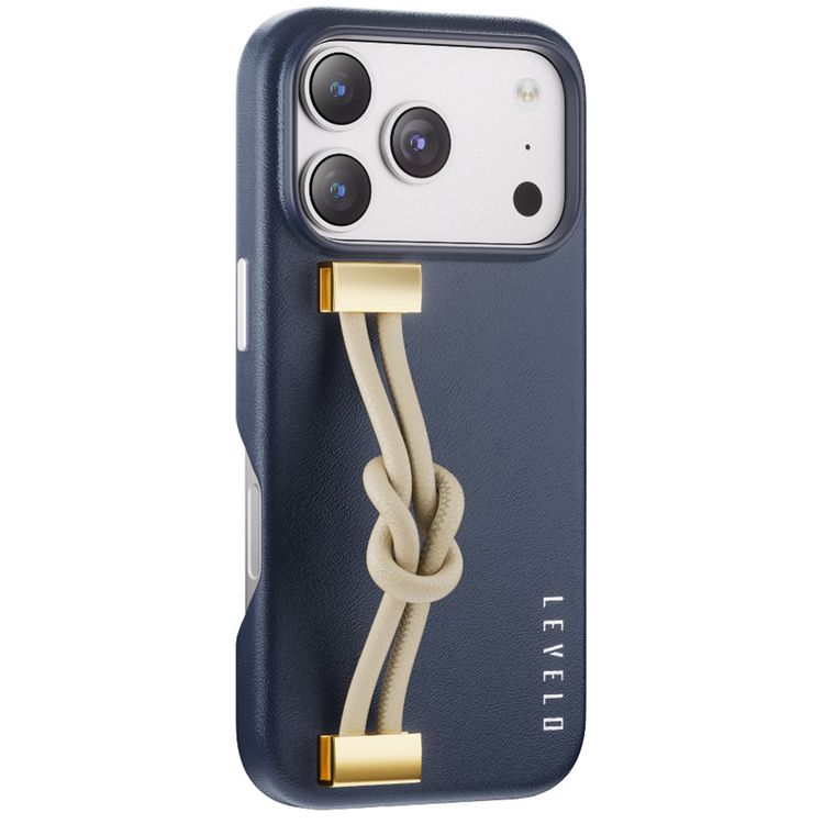 Levelo Polaris PU Leather Case with Wrist-Strap Grip for iPhone 17 Pro Max, Microfiber Inner Lining, Raised Bezels for Camera & Screen, Shock-Resistant Bumper, Drop-Tested - Dark Blue