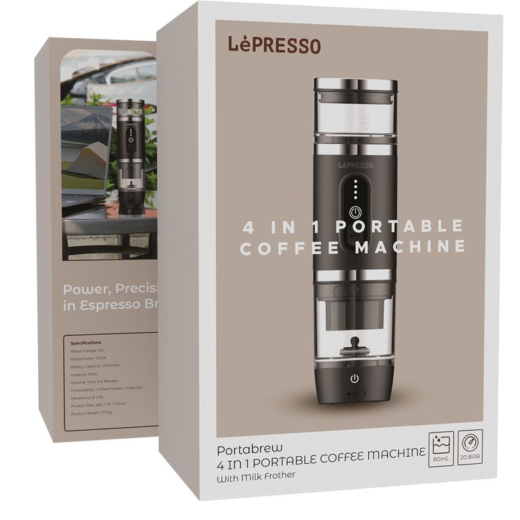 LePresso 4-in-1 Portable Coffee Machine with Milk Frother, 80mL Capacity, 20BAR Pressure, 2500mAh Battery Capacity, 100W Power, Compatible with Coffee Powder & Capsules, 3-4 Minutes Brewing Time - Black
