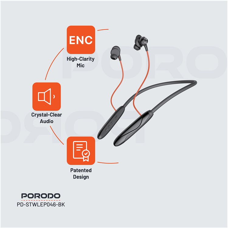 Porodo Echo Flex Magnetic Buds with Hall-Switch Technology, ENC, Crystal Clear Audio, High-Clarity Microphone, Patented Design - Black