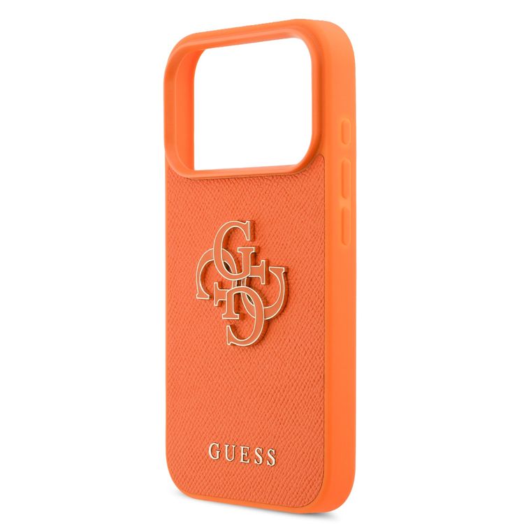 غطاء من الجلد السفّيانو MagSafe من Guess بشعار 4G من الراتينج لهاتف iPhone 17 Pro، ذو تصميم نحيف، ملمس مريح، حماية من السقوط، خفيف الوزن - برتقالي