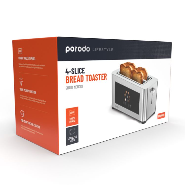 Porodo Lifestyle 4-Slice Bread Toaster with Touch Panel, 1140-1400W Rated Power, Stainless Steel 410 Material, 6 Browning Levels, 5 Functions, Removable Slide-Out Crumb Tray, Automatic Shut-Off - Silver 