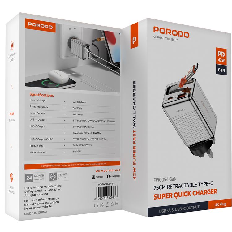 Porodo Super Quick GaN Charger with 75cm Retractable Type-C Cable, 42W Power Delivery, Simultaneous Charging, 22.5W USB-A Output, Built-in Safeguards - Silver