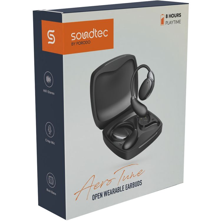 Porodo Soundtec Aero Tune Earbuds with  Touch Controls, HiFi Stereo, Crisp Microphone, Rich Bass, Up to 10m Transmission Range, Compact and Lightweight Design - Black