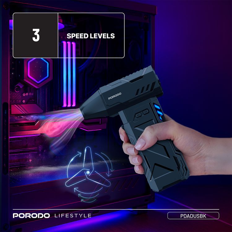 Porodo Lifestyle Turboblast Portable Air Blower with Air Nozzle Attachment, Up to 32 Minutes Working Time, 3 Adjustable Speed Levels, 160W Output Power, Low-Noise Operation, 130000RPM Motor Speed, USB-C Charging Port - Black
