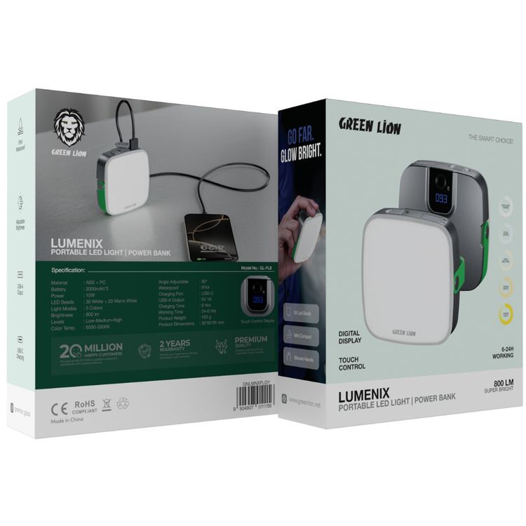 ضوء LED محمول من جرين لايون لومينيكس مع بنك طاقة مدمج، يصل إلى 24 ساعة من وقت العمل، و5 وضعيات للضوء، وشاشة رقمية وتحكم باللمس، قابل لتعديل السطوع، بقوة 10 واط - رمادي