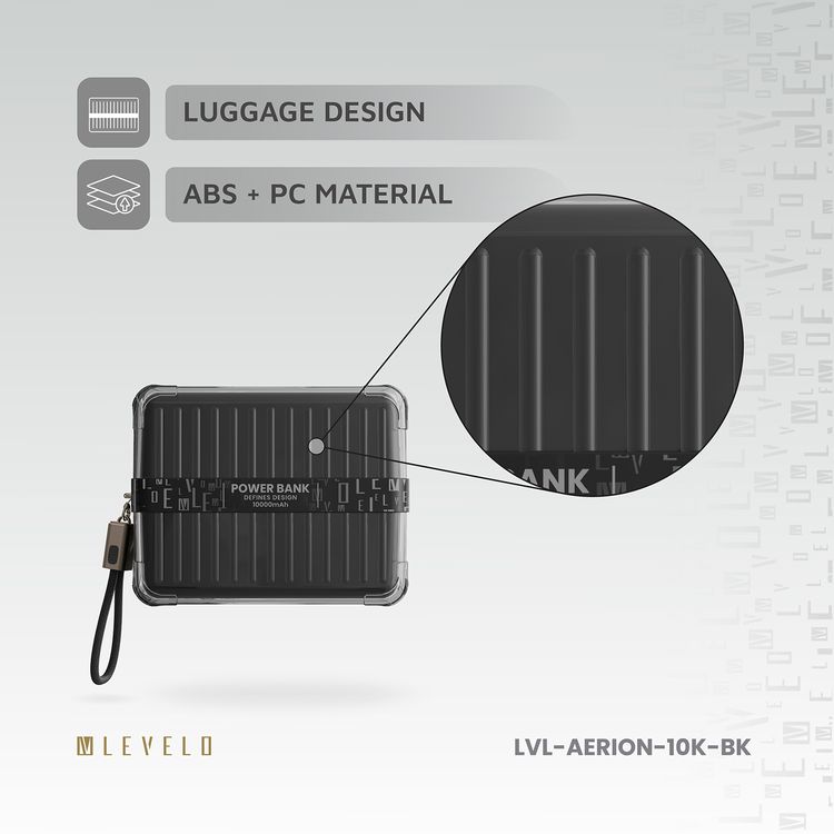 Levelo Aerion Portable 10000mAh Power Bank with Luggage Design, LED Display, Over Current Protection, Lithium-ion Battery, Grip Cable, Fast Charging Support - Black