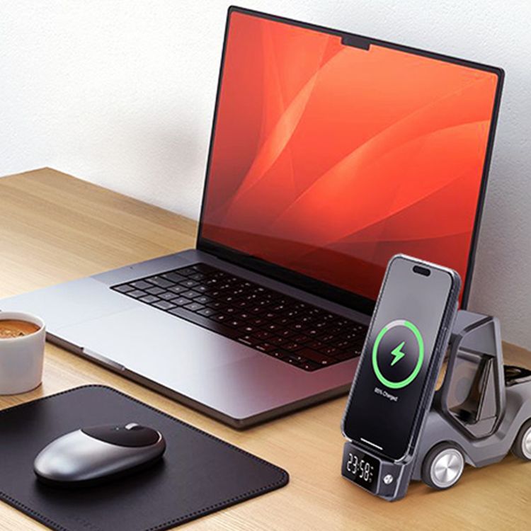 Green Lion Forklift 5-in-1 Wireless Charger with Night Light Function, 15W Phone Output, Fast Charging, Digital Clock Display, 2.5W Watch Output, 5W AirPods Output - Black