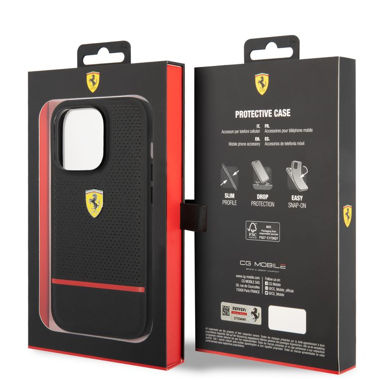 Ferrari Genuine Leather Case Perforated and Bottom Contrasted Line iPhone 14 Pro - Black