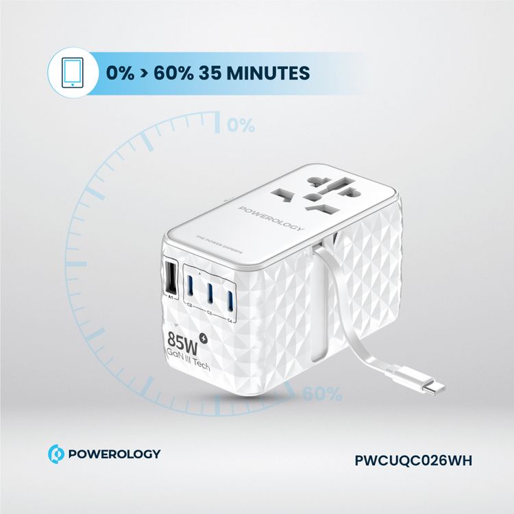 Powerology Universal 85W Super Charger with Retractable Type-C Cable, 70W Power Delivery, GaN Technology, Simultaneous Charging, Spare Fuse Included - White