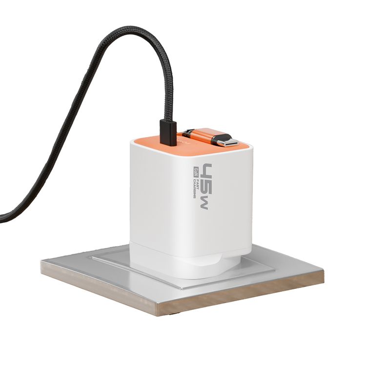 Porodo Tezpatro 45W GaN Charger with USB-C Retractable Cable, 1A Rated Current, 45W Power Delivery, 80cm Cable Length, Flame-Retardant Housing, Fast Charge Support - White / Orange