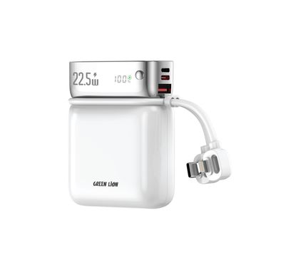 Porodo Dyno 2-in-1 10000mAh Power Bank & Adapter with PD 20W Fast Charging, Digital Display, UK Plug, EU Plug, Lightning Input/Output, Flight Approved, Detachable Cables - White