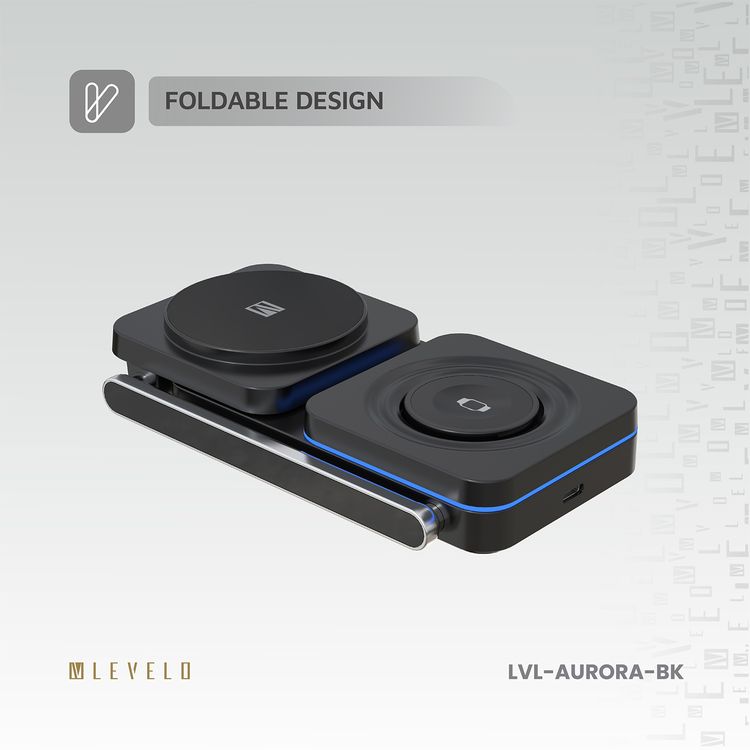 Levelo Aurora 3-in-1 Wireless Charger with Strong Magnetic Force, 90° Rotation, 15W Fast Charging, Auto Detecting Object, Overcharge Protection - Black