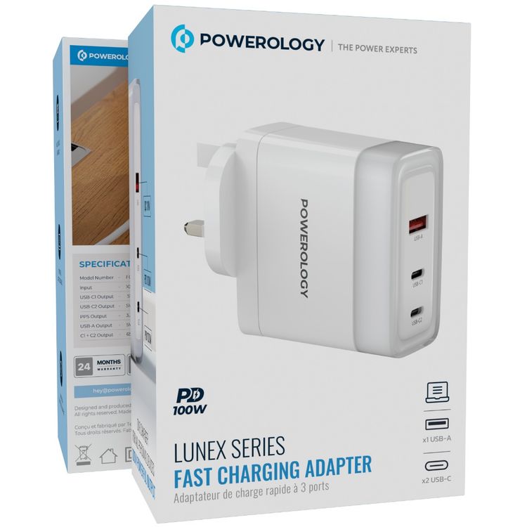 Powerology Lunex Series 3-Port Fast Charging Adapter with 100W PD USB-C Output, 18W QC USB-A Output, Multi-Device Charging, Powerful Laptop Charging, Universal Protocol Support - White