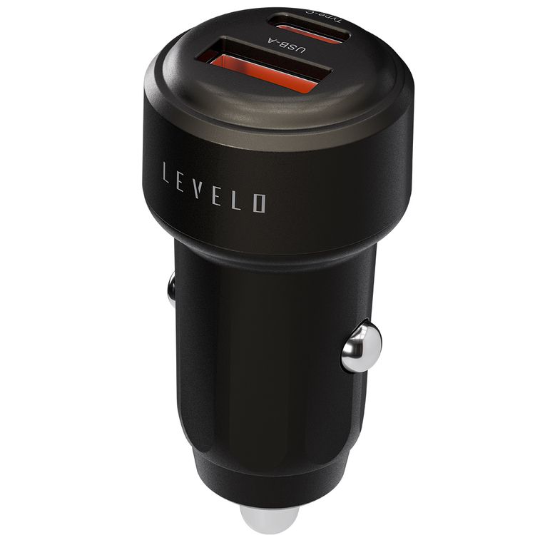 Levelo Nori Mini 60W Car Charger with USB-C & USB-A Ports, Fast Charging, 60W Power Delivery, 12-24V Input Power, Durable Material - Gun Gray