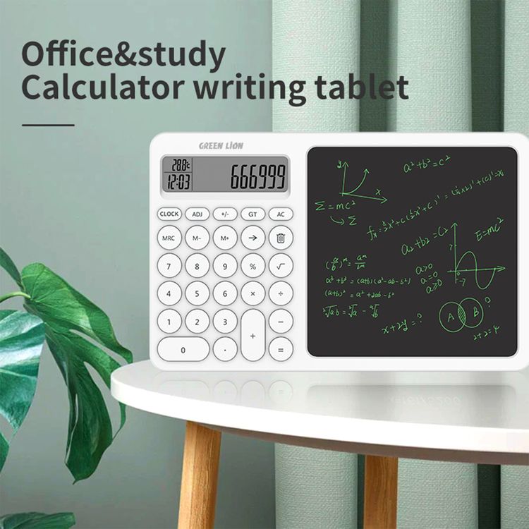 Green Lion CalcWrite Pro Calculator Writing Pad Combo with Ultra-Bright Screen, Long Standby Time, Highly Sensitive, CR2032/3V Coin Battery Powered - White
