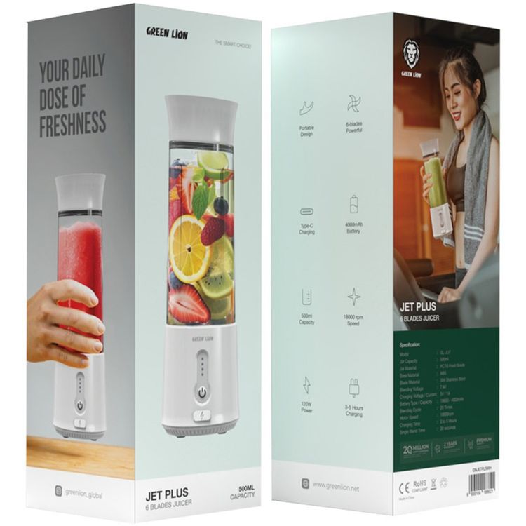 Green Lion Jet Plus 6-Bladed Juicer with 18000rpm Motor Speed, 500mL Jar Capacity, 4000mAh Battery Capacity, 20 Blending Cycles per Charge - White