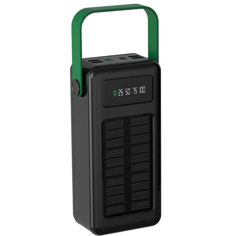 Green Lion Solar Max 50000mAh Powerbank with Digital Display, Solar Charging Panel, Type-C/Micro/Lightening/USB-A Output, lightweight & Portable, 4 Integrated Cables - Black