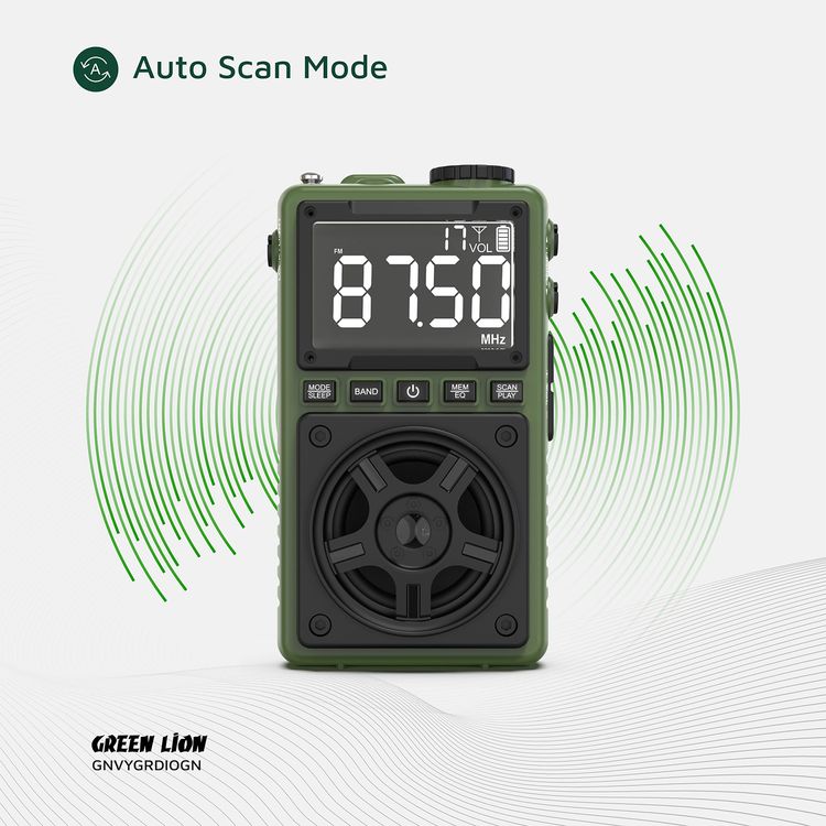 Green Lion Voyager Portable Radio with Bluetooth Speaker, 1.2W Flashlight, 6-7 Hours Playtime, 8-10m Transmission Range, Auto-Scan Mode, Lock & Sleep Function, 1.5 Hours Charging Time - Green